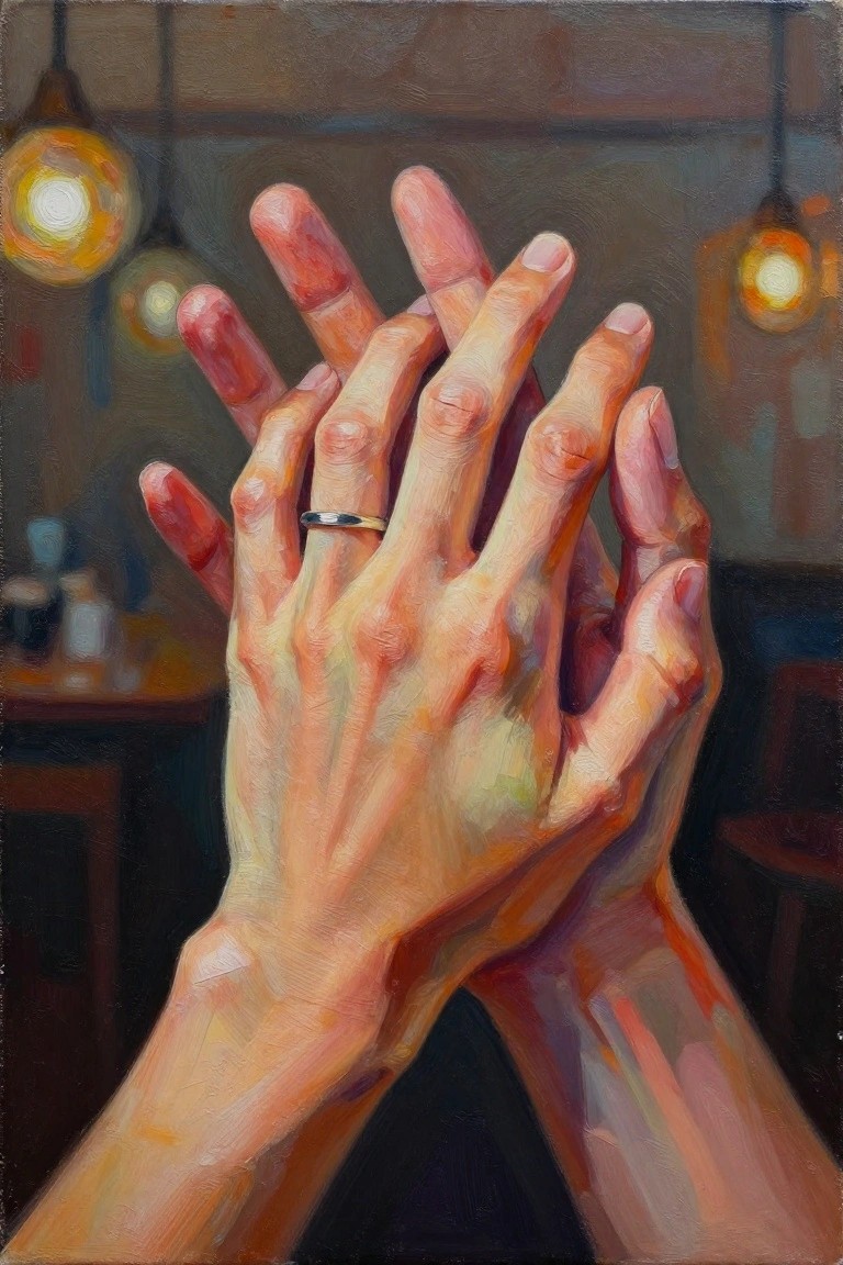 Clasped hands with a ring in warm-toned oil paint against blurred cafe lights.