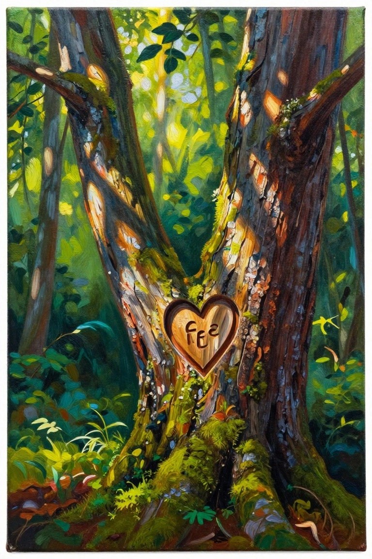Vibrant oil painting of sunlit forest trees with heart carving 