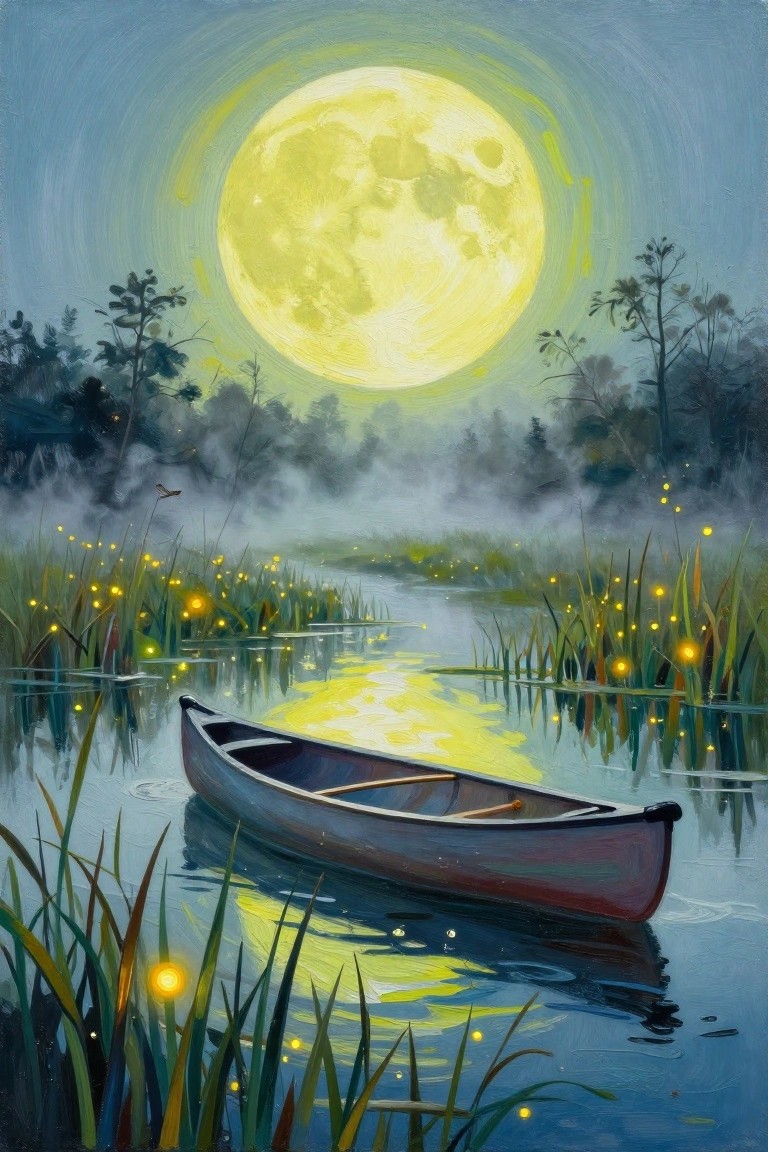 Canoe on misty lake under glowing full moon amid firefly-lit reeds at night