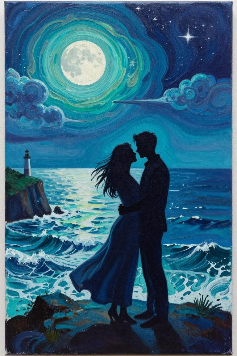 Silhouetted couple embraces on rocky shore by crashing waves under starry moonlit sky with lighthouse.