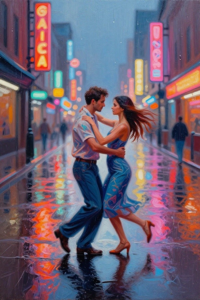 Couple dancing on rainy neon-lit street with colorful reflections on wet pavement