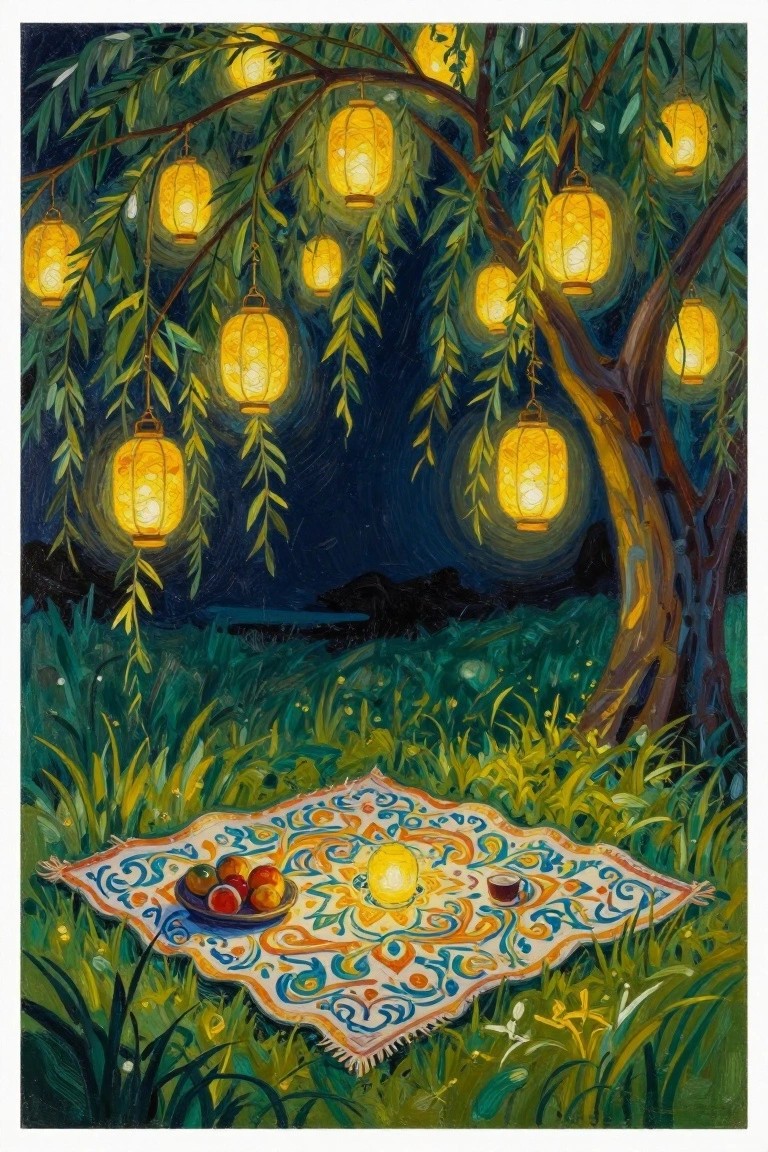 A painting shows a patterned picnic blanket with fruit on grass under a tree with glowing yellow lanterns hanging from the branches at night.