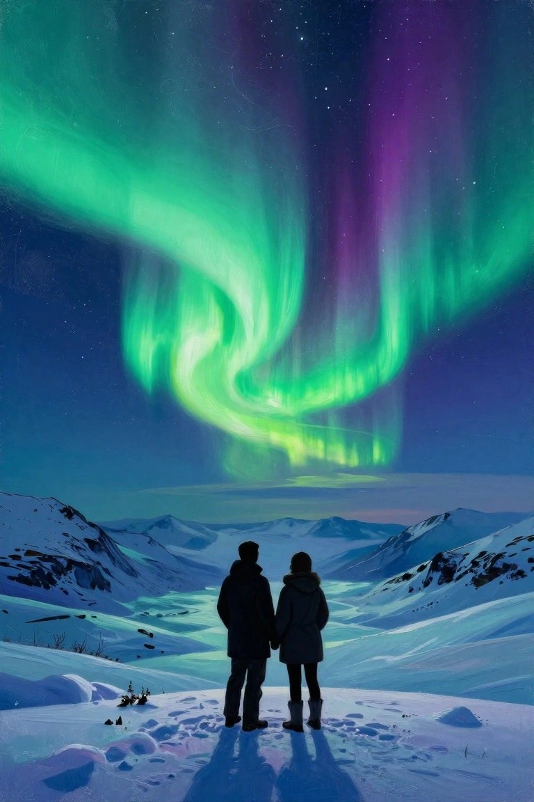 A painting of a couple seen from behind holding hands in snow, facing green and purple northern lights over a mountain valley at night.