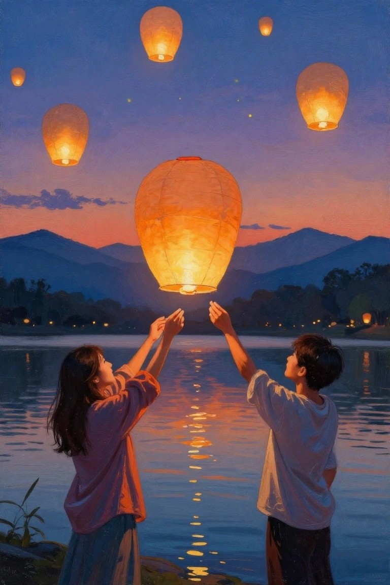 Couple launching glowing lantern by calm lake under colorful dusk sky with mountains