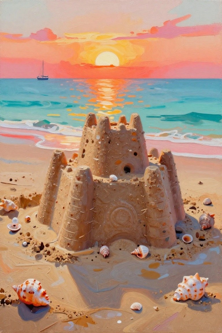 Sandcastle with seashells on beach at vibrant ocean sunset with sailboat