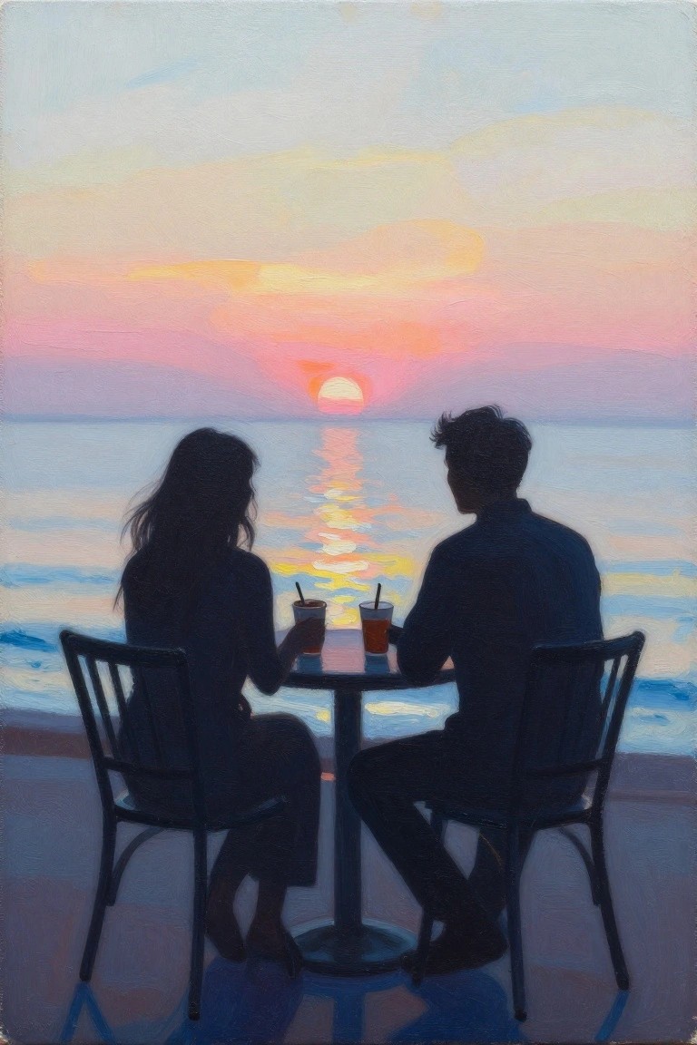 Silhouetted couple at seaside table with drinks facing vibrant ocean sunset