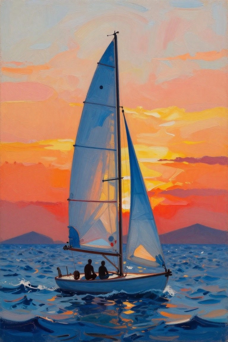 Blue sailboat with two figures sailing on ocean waves under vibrant sunset sky