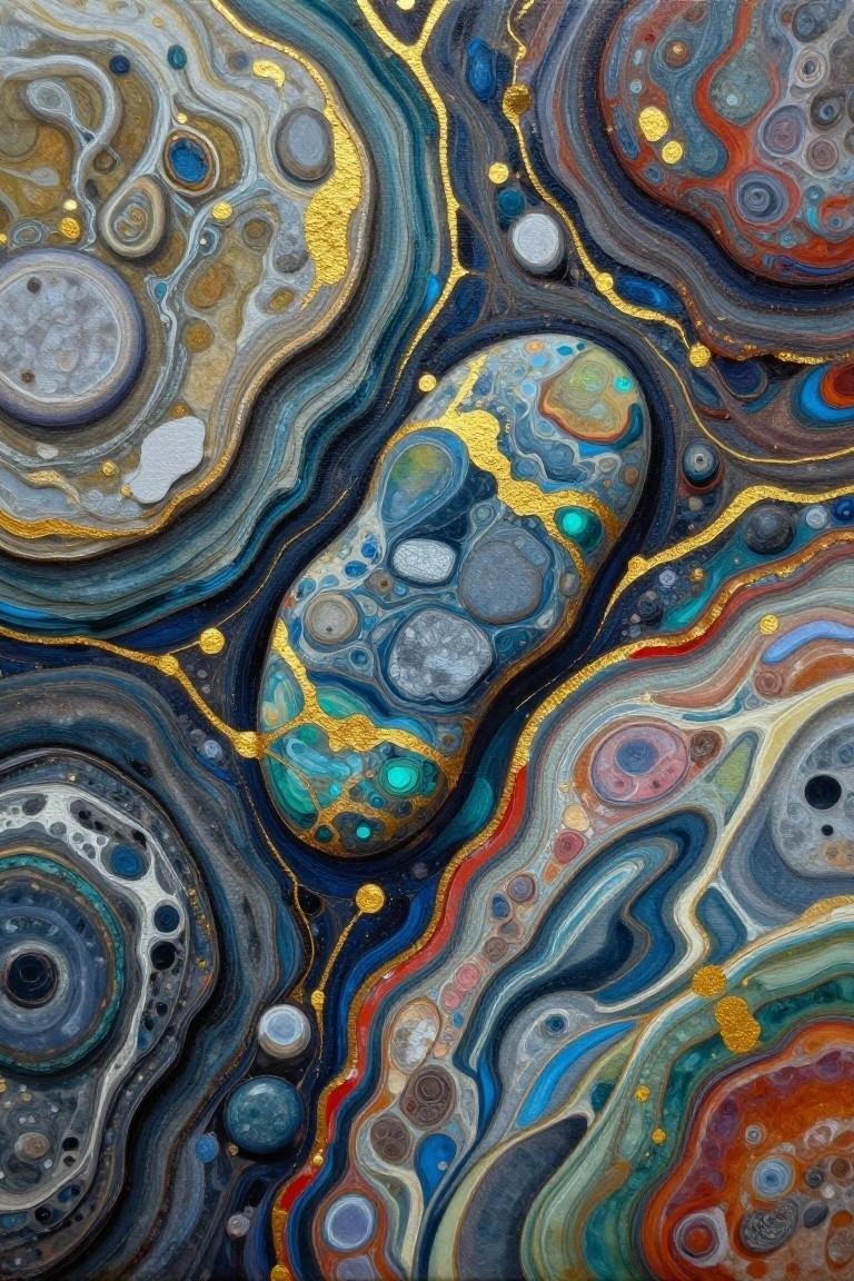 Abstract painting with layered oval shapes in blues, teals, and earth tones separated by gold lines resembling agate slices.