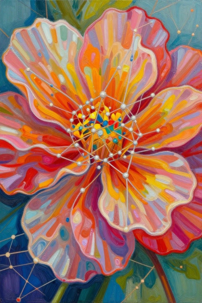 Vibrant rainbow flower overlaid with geometric white lines and connected spheres in abstract painting