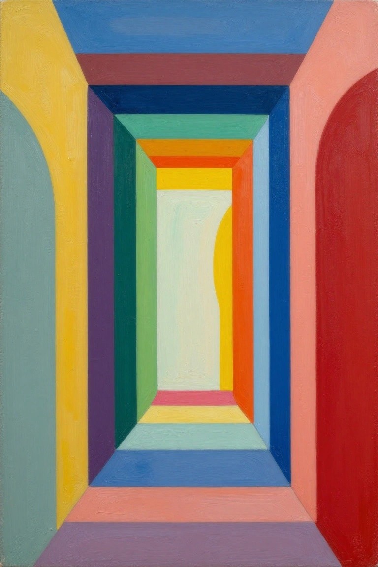 Vibrant abstract painting of a receding tunnel with colorful concentric arches.