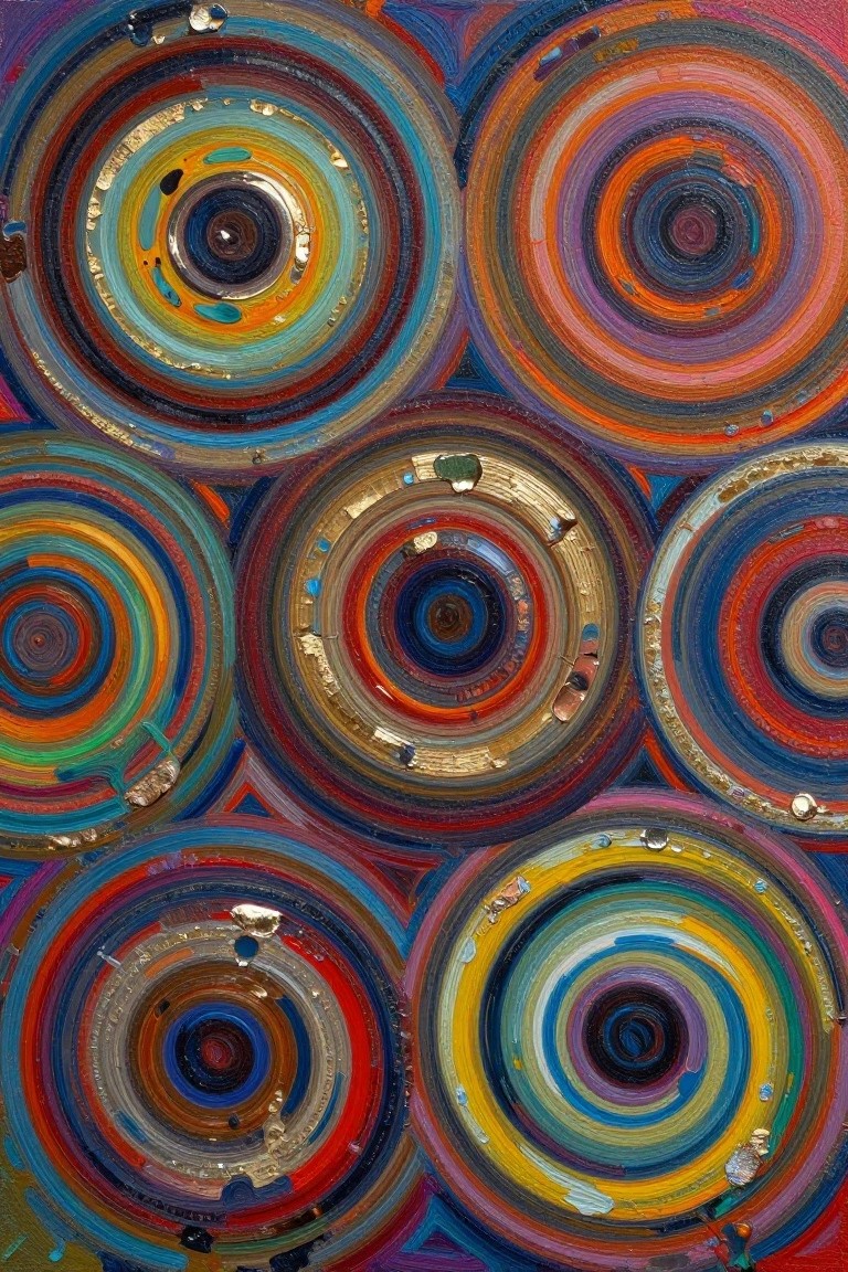 Vibrant overlapping concentric circles in bright colors with gold accents