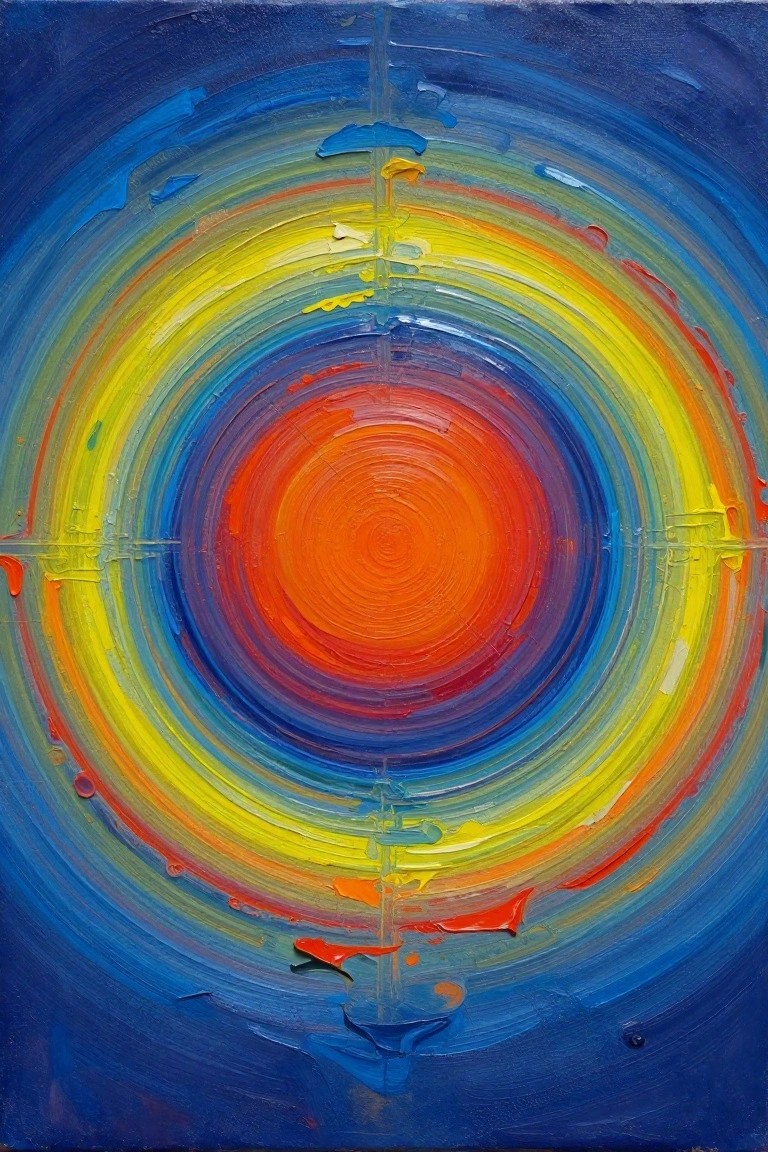 Vibrant abstract painting of concentric rainbow circles with intersecting cross lines and thick texture.
