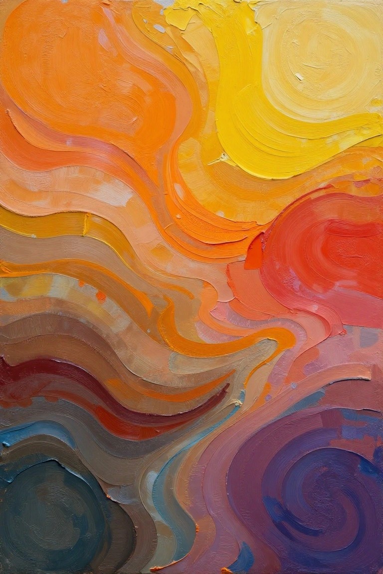 An abstract painting with thick swirling brushstrokes in colors that transition from yellow and orange at the top to purple and blue at the bottom.