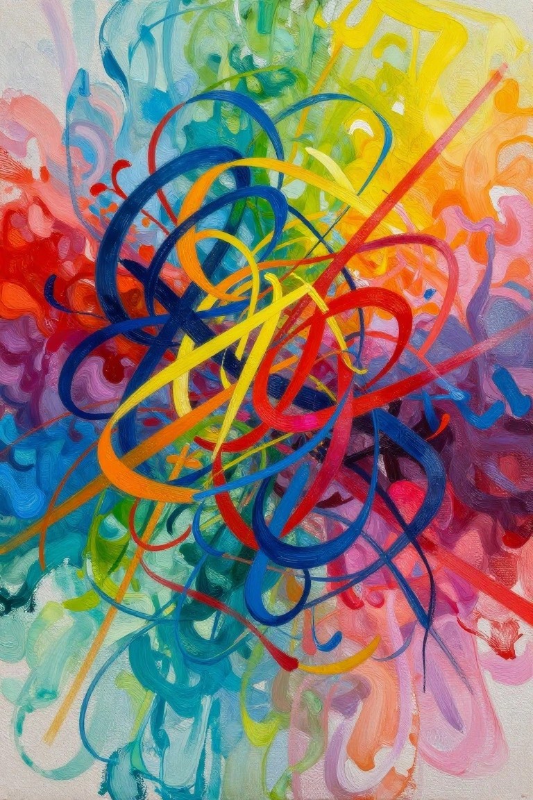 Vibrant abstract painting with tangled colorful loops and energetic brushstrokes