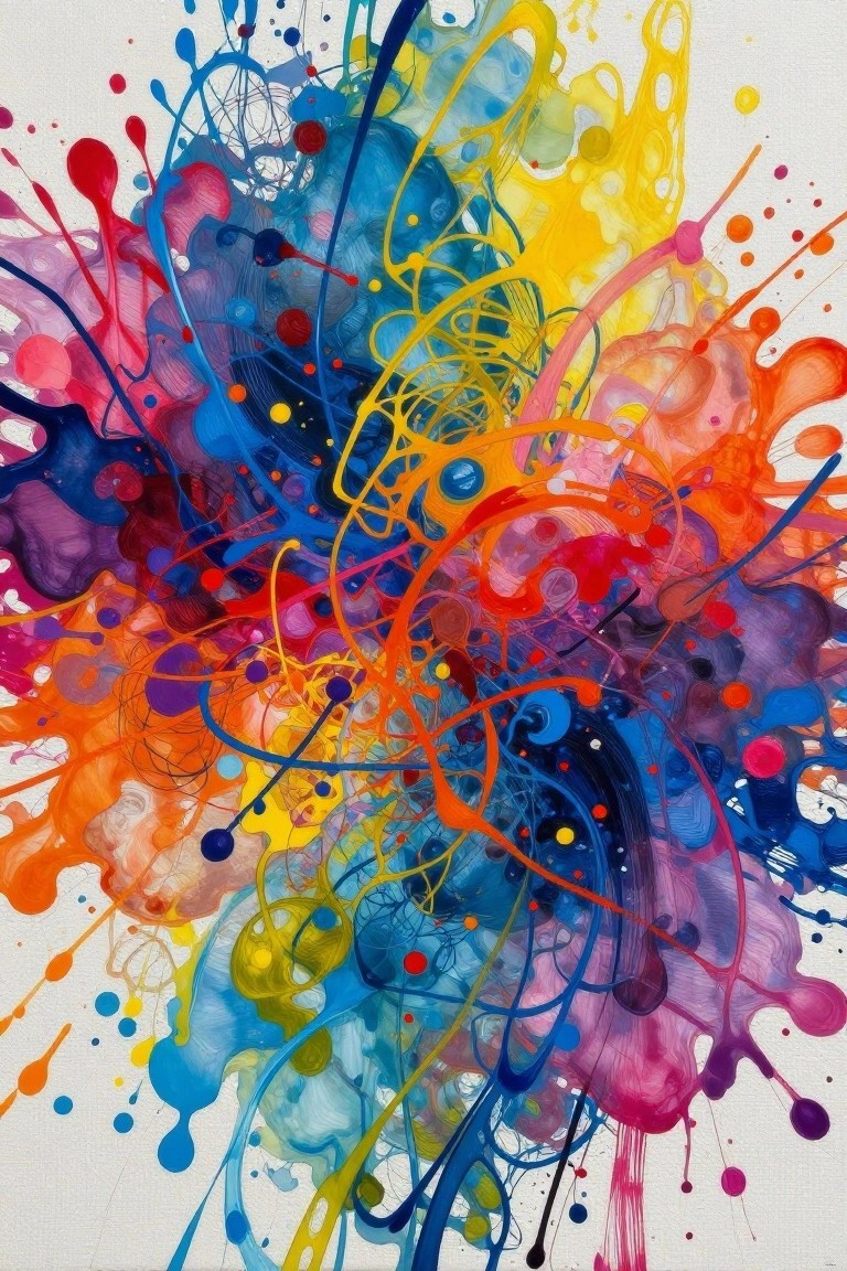 Vibrant abstract painting with colorful paint splatters and swirling lines on canvas