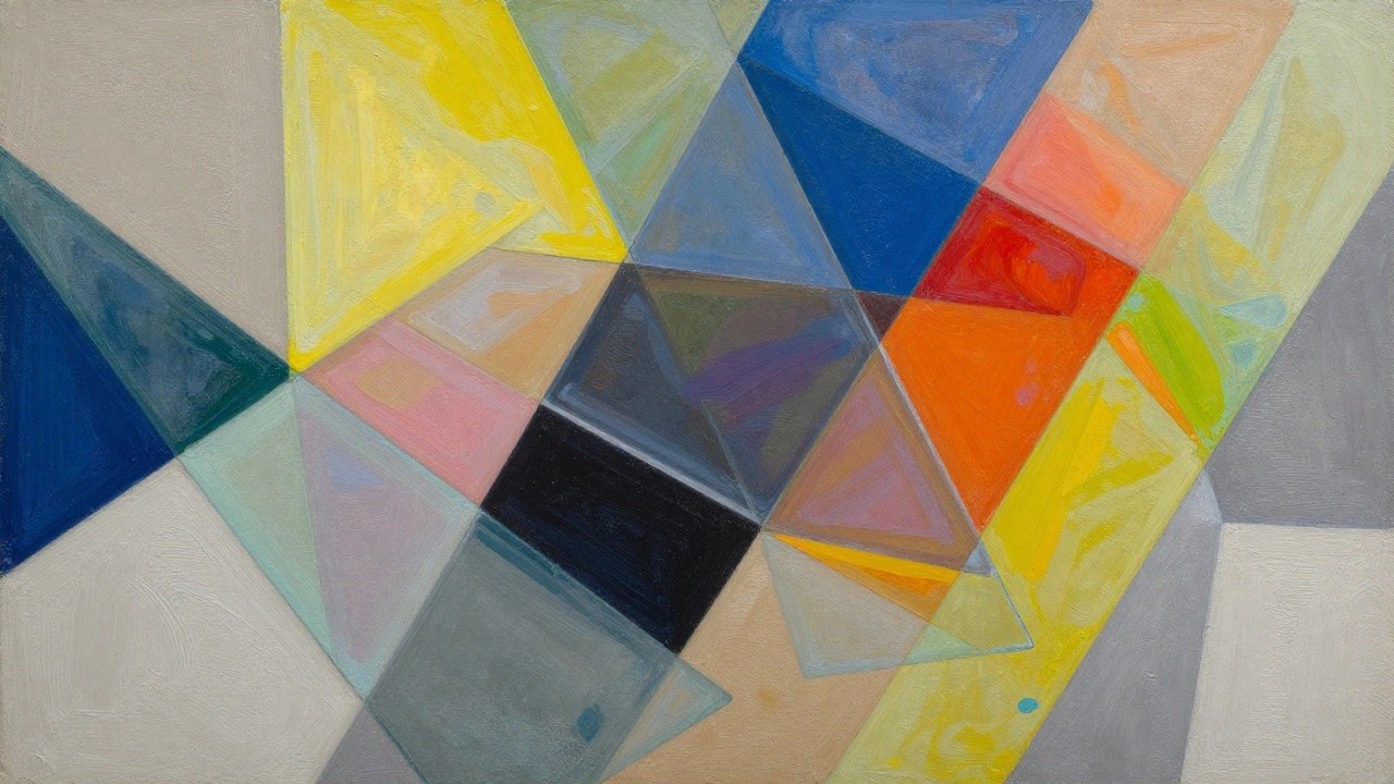 Abstract geometric painting of overlapping rectangles, triangles, and lines in bold colors.