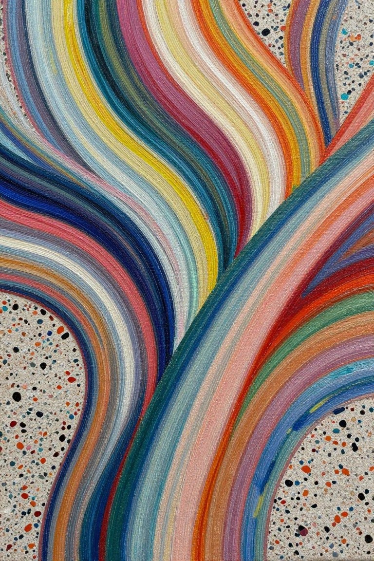 Vibrant wavy colorful stripes flowing across a speckled dotted background