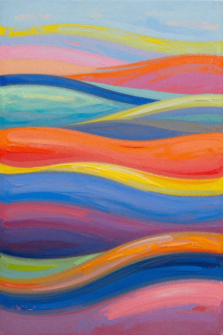 Vibrant abstract painting of wavy horizontal stripes in rainbow colors