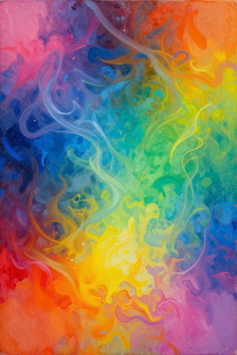Abstract painting of vibrant swirling colors in fluid rainbow motion.
