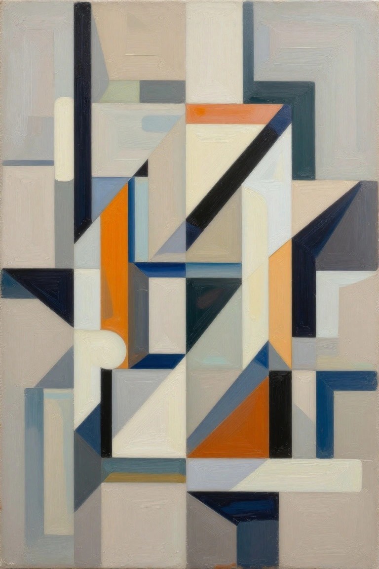 Abstract geometric painting of overlapping rectangles, triangles, and lines in bold colors.
