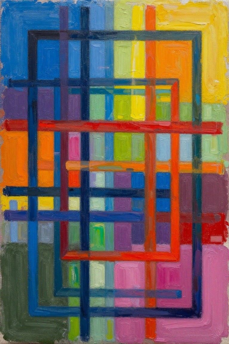 Abstract painting of overlapping colorful geometric rectangles and lines in vibrant hues.