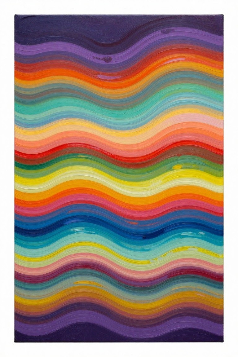Abstract painting of wavy horizontal stripes in vibrant rainbow colors.