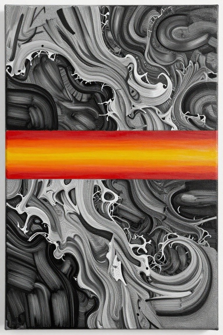Abstract painting of swirling black-white forms bisected by a red-to-yellow gradient band.