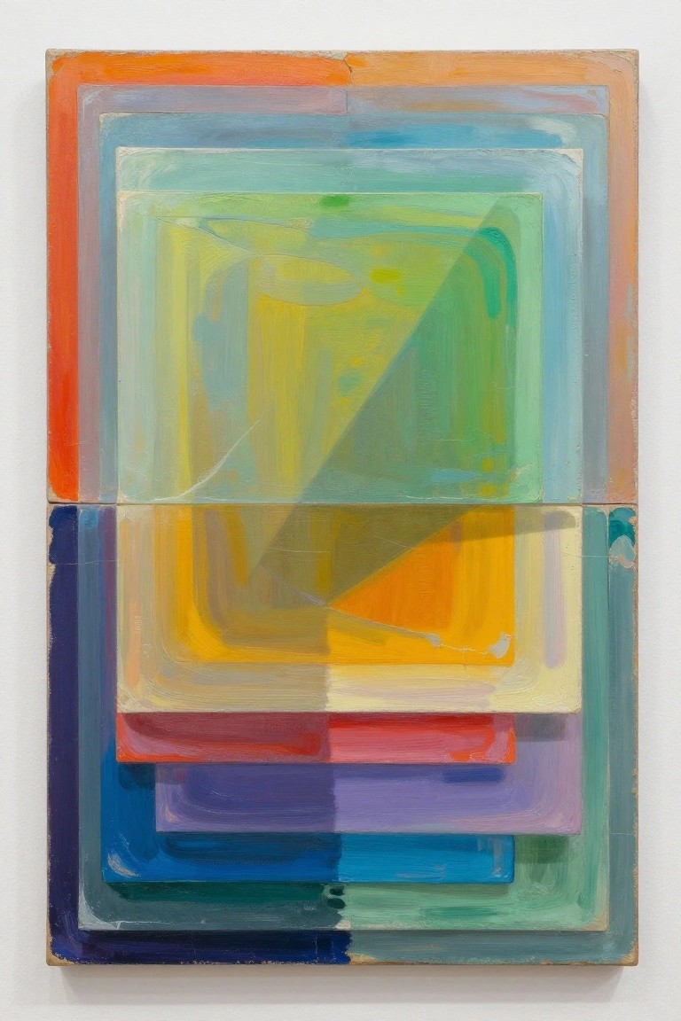 Abstract painting on two stacked canvases showing nested colorful rectangles with a diagonal shape in the top section and visible brushstrokes throughout.