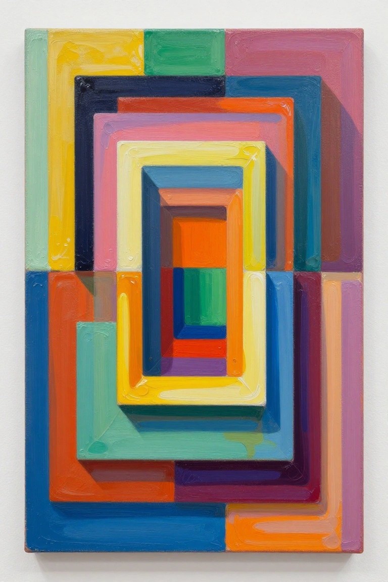 Vibrant abstract painting of nested concentric rectangles in bright colors