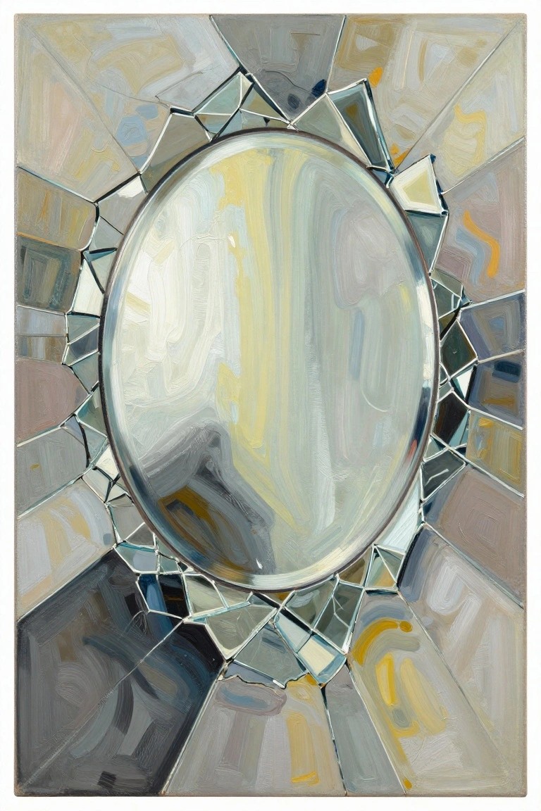 Oval mirror encircled by irregular shards of broken mirrors in abstract style