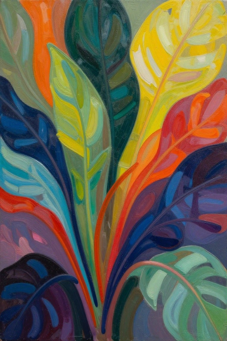 Vibrant abstract painting of colorful overlapping tropical leaves in bold strokes