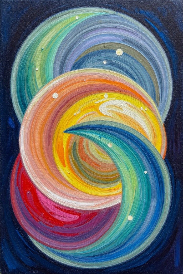 Abstract swirling rainbow circles with brushstrokes on dark blue background and scattered white dots