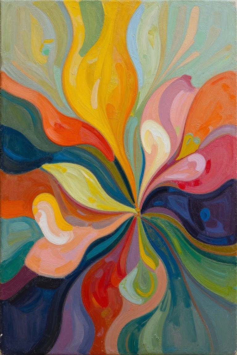 Vibrant abstract painting with swirling colorful petals radiating from center.