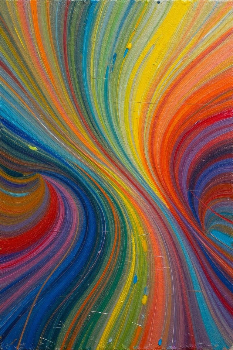Vibrant abstract painting with dynamic swirling rainbow brushstrokes in vivid colors