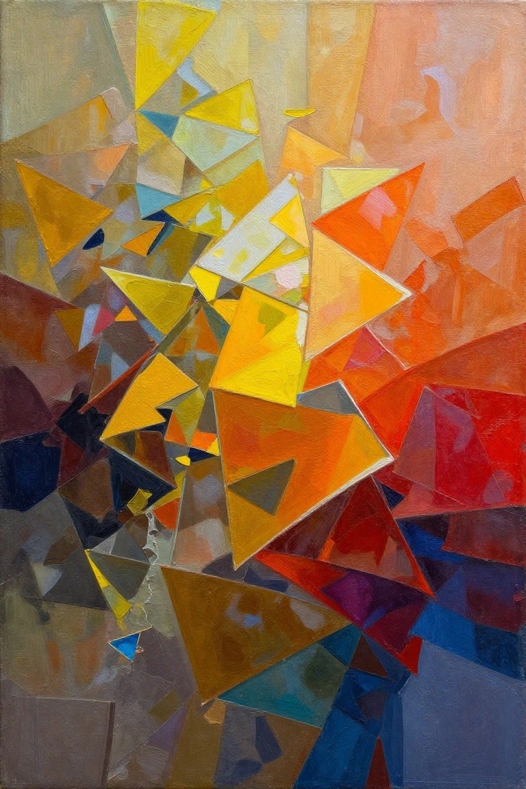 Vibrant abstract painting of overlapping triangles in yellow, orange, and red hues
