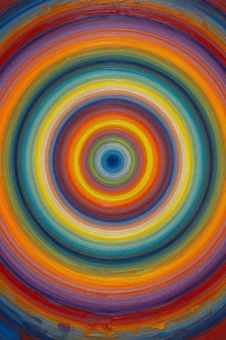 Vibrant concentric circles in rainbow colors with thick swirling brushstrokes