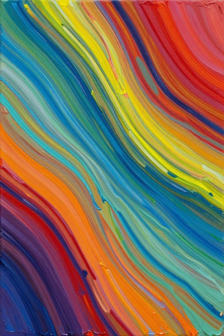 Vibrant abstract painting with swirling multicolored brushstrokes in rainbow hues.