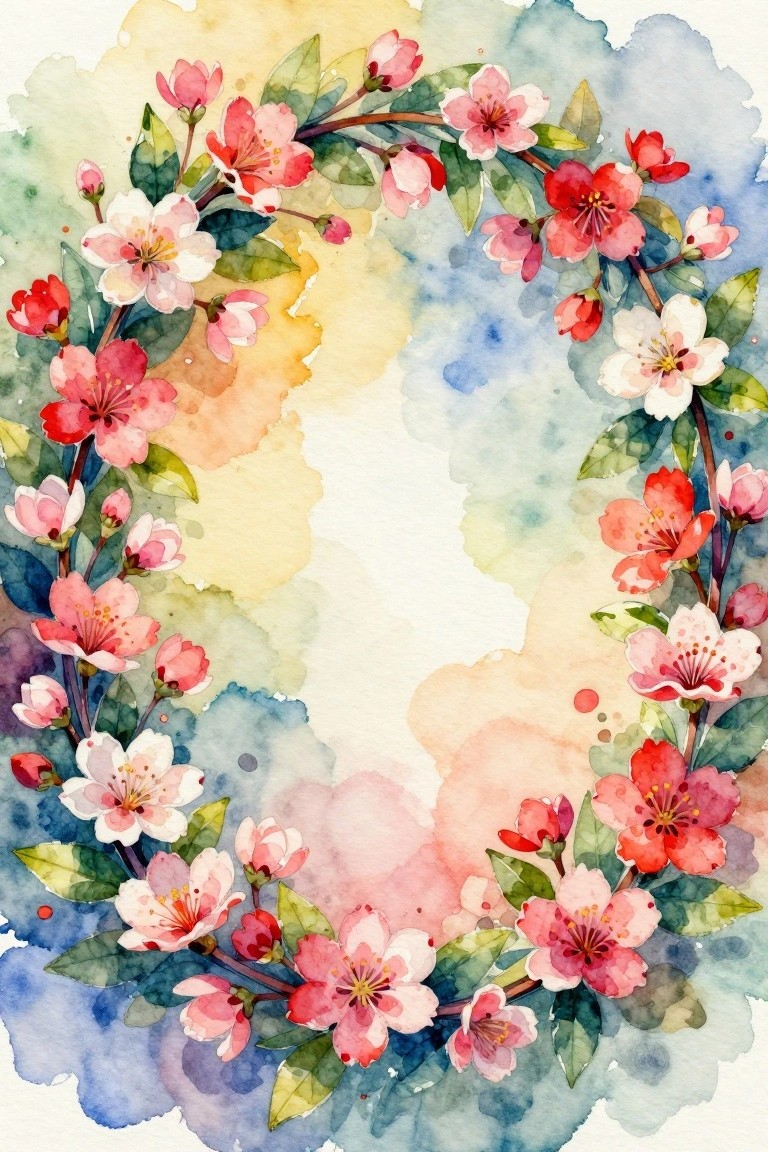 A watercolor painting of a circular wreath made of pink and red flowers with green leaves against a soft multicolored background.
