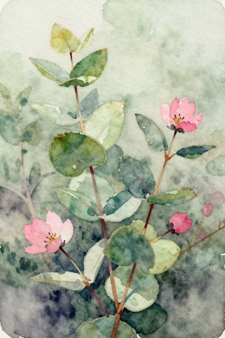 Watercolor painting of green eucalyptus leaves and pink flowers on soft background