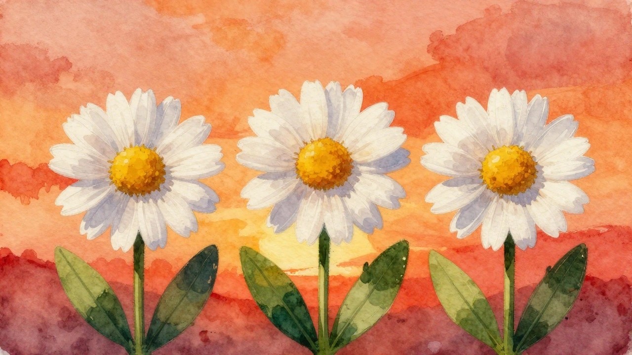 Watercolor daisies with yellow centers bloom before a vibrant orange-red sunset.