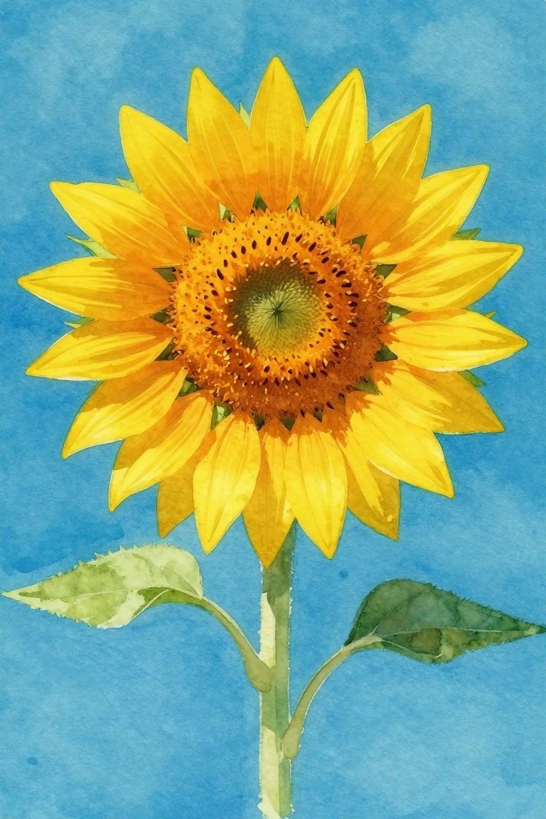 A watercolor painting of a yellow sunflower with an orange center, green stem, and leaves against a solid blue background.