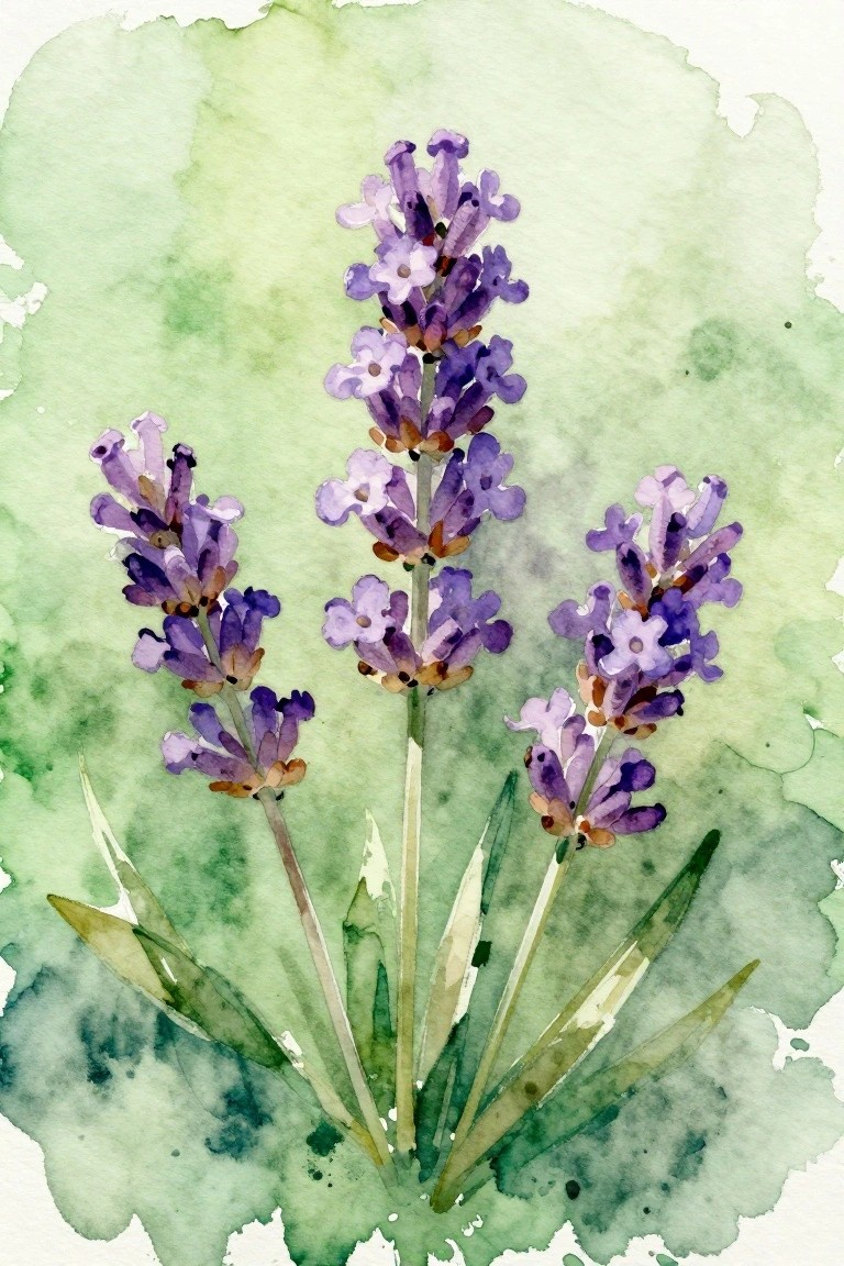 Watercolor of three lavender stems with purple blooms and green leaves on soft green background.