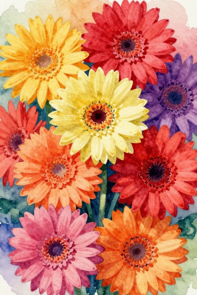 Vibrant watercolor gerbera daisies in red, yellow, orange, and pink hues