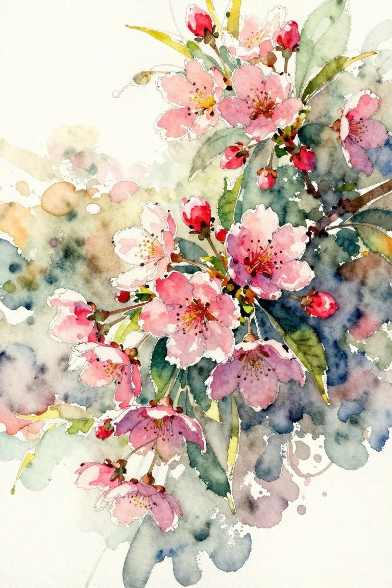 A watercolor painting of pink flowers and green leaves on branches against a soft multicolored background.