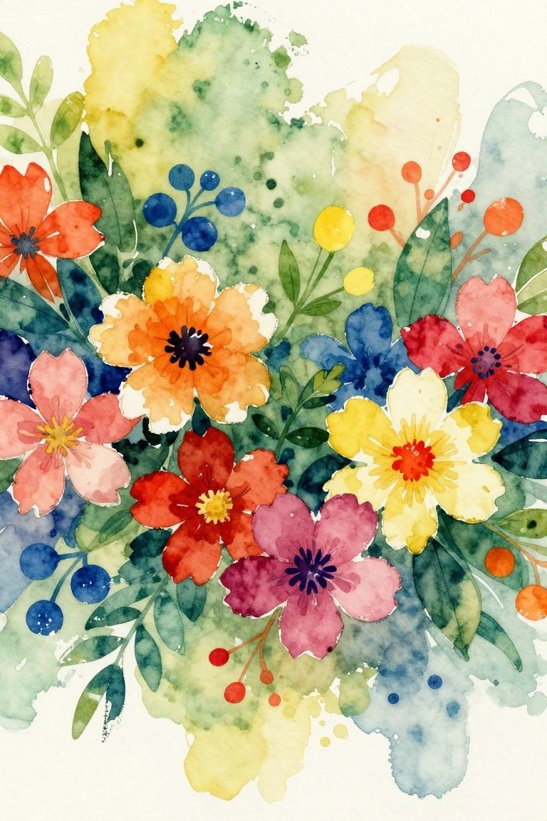 Vibrant watercolor flowers in red, orange, yellow, pink, purple with green leaves