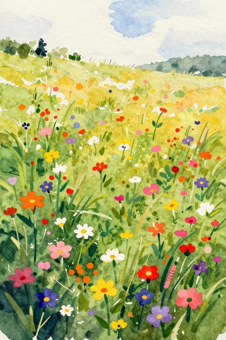 Watercolor meadow filled with colorful wildflowers, green grass, and blue sky.