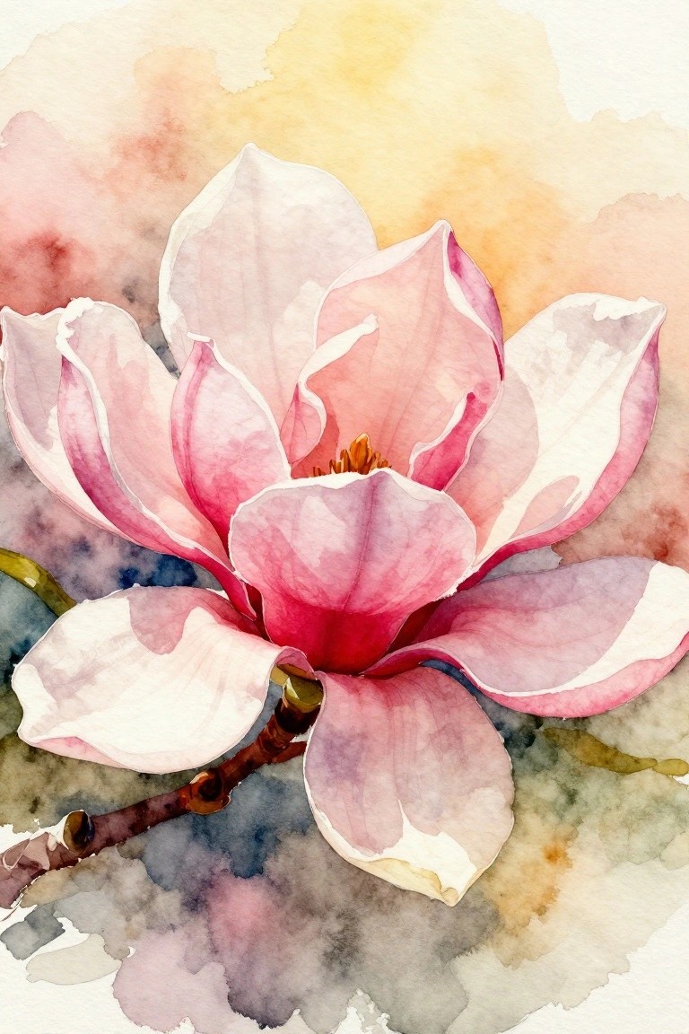 Watercolor painting of blooming pink magnolia with white-tipped petals on a branch.