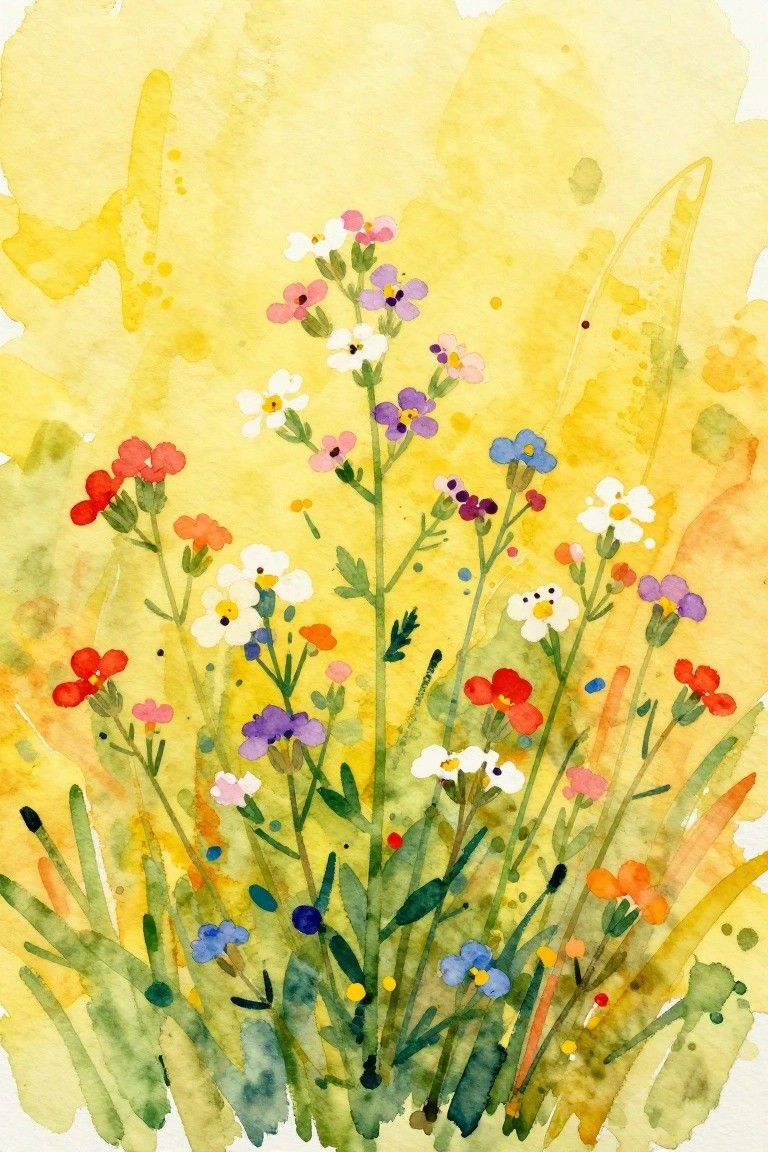 Colorful watercolor wildflowers in red, pink, purple, blue on yellow background