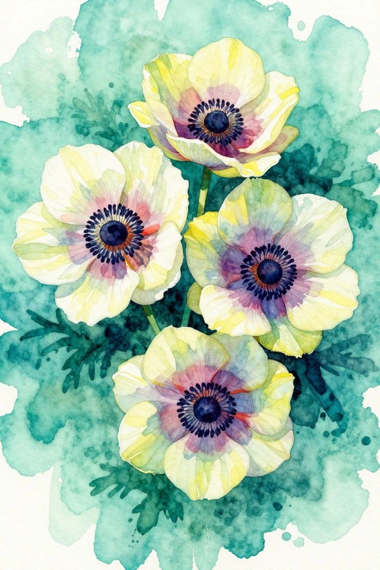 Watercolor anemones with yellow-white petals and dark centers on teal background