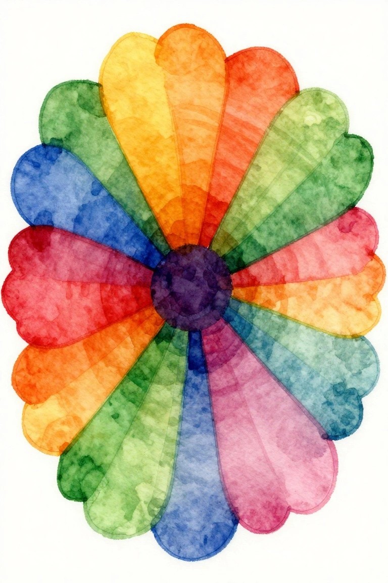 Vibrant watercolor flower with overlapping rainbow petals around purple center